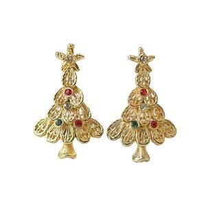 1980s Gold Plate Red Green White Rhinestones  Christmas Tree  Clip Earrings